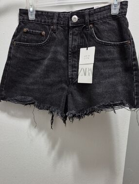 Zara Black Washed Denim Cutoff Shorts with Frayed Hem